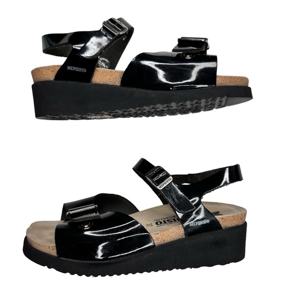 Mephisto Wedge Sandals Black Patent Leather Buckle Straps SZ 37 - Picture 11 of 11